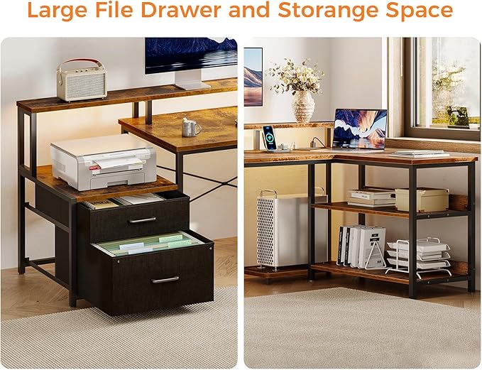 ODK L Shaped Desk with File Drawer, 66" Reversible L Shaped Computer Desk with Power Outlet & LED Strip, Office Desk with Storage Shelves, Gaming Desk with Monitor Shelf, Corner Desk, Vintage