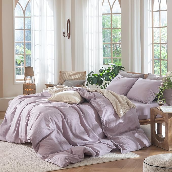 MooMee Bedding Duvet Cover Set 100% Washed Cotton Linen Like Textured Breathable Durable Soft Comfy (Heathered Light Purple, Queen 90"x90")