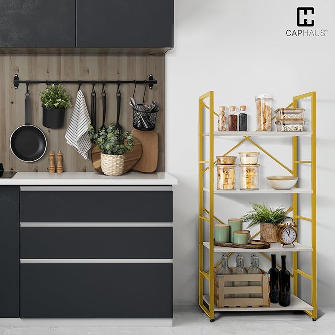 CAPHAUS 4 Tier Bookshelf, Bookcase Shelf Storage Organizer, Living Room, Kitchen, 24 Inch Width Free Standing Shelf, Industrial Book Shelves for Home Office, White Wooden Shelves & Gold Frame