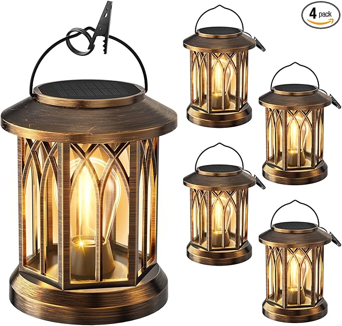 WdtPro Solar Lanterns Outdoor Lights, 4 Pack Bright Lanterns Outdoor Waterproof with Clip Patio Decor, Hanging Solar Lights for Outside Garden Yard Front Porch Table Decoration (Antique Copper)