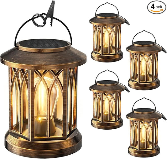 WdtPro Solar Lanterns Outdoor Lights, 4 Pack Bright Lanterns Outdoor Waterproof with Clip Patio Decor, Hanging Solar Lights for Outside Garden Yard Front Porch Table Decoration (Antique Copper)