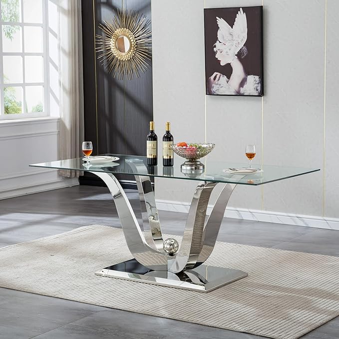 70" Modern Silver Glass Dining Table Set for 4, 5-Piece Rectangle Kitchen Dining Room Table Set with Steel Base & 4 Beige Velvet Upholstered Chairs, Modern Glass Kitchen Table and Chairs Set of 4