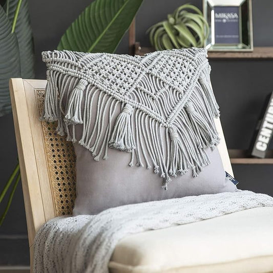Phantoscope 100% Cotton Handmade Crochet Woven Boho Throw Pillow Farmhouse Pillow Insert Included Decorative Cushion for Couch Sofa Grey 18 x 18 inches