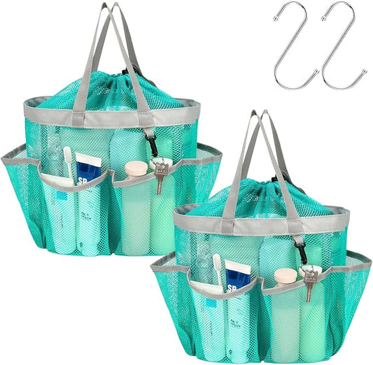 F-color Mesh Shower Caddy Portable with Drawstring - Upgrade Deeper 7 Pockets Dorm Room Essentials for Guys Girls with S Hook, Shower Bag Basket Tote for College Camping Bathroom, 2 Pack Mint Green