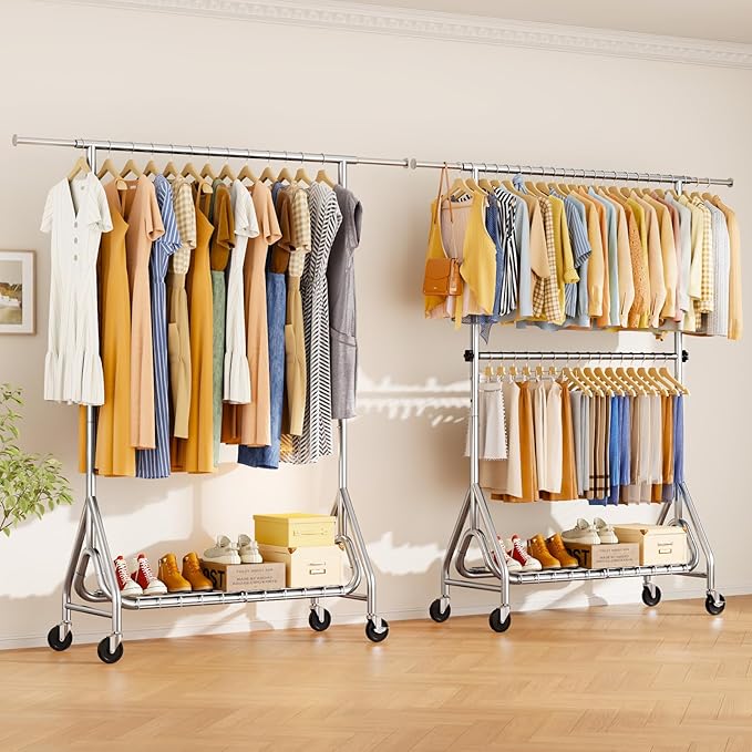 Heavy Duty Clothes Rack for Hanging Clothes, Double Rods Clothing Rack with Lockable Wheels, Rolling Metal Garment Racks Heavy Duty, Portable Wardrobe Closet Racks, Silver