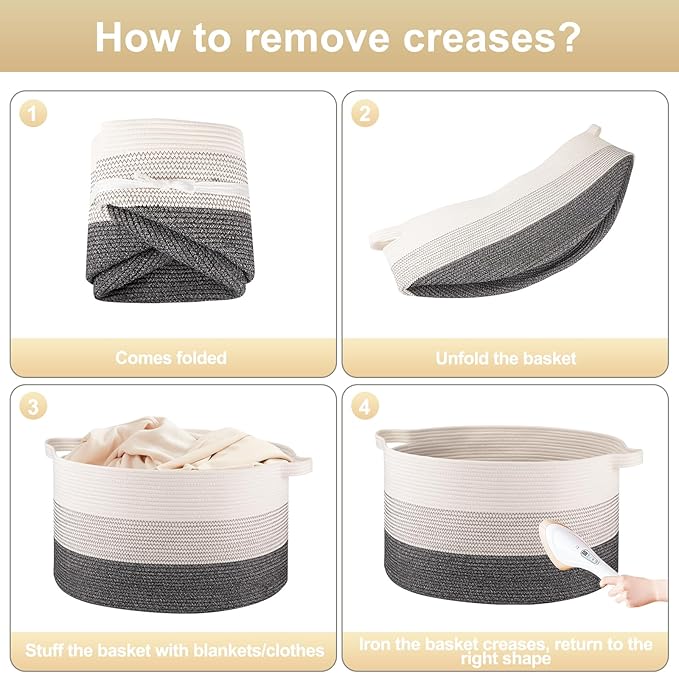 OIAHOMY Extra Large Storage Basket, 23" x 13" Woven Blanket Storage for Living Room, Round Laundry Basket for Pillow-Black and White