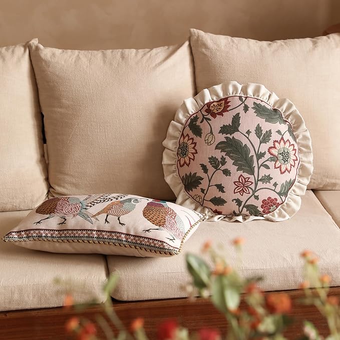 Design Round Pink Floral Linen Throw Pillow Covers Diameter 16" Pack of 2, Vintage Country Flowers Pattern Cushion Covers Decor Pillowcases for Bed,Living Room,Outdoor,Car