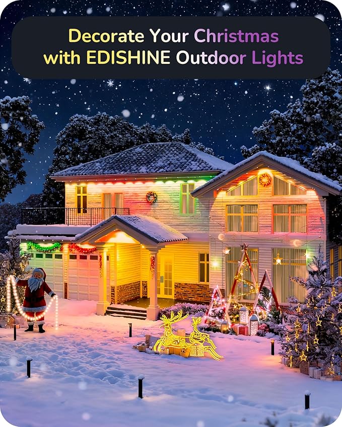EDISHINE 200FT Cuttable Permanent Outdoor Christmas Lights PRO, 120 LED Smart RGB+IC+Warm White Eave Light, 111+ Scene Mode, App/Remote, IP67 Waterproof for House Year-Round Decor, Alexa Google Enable