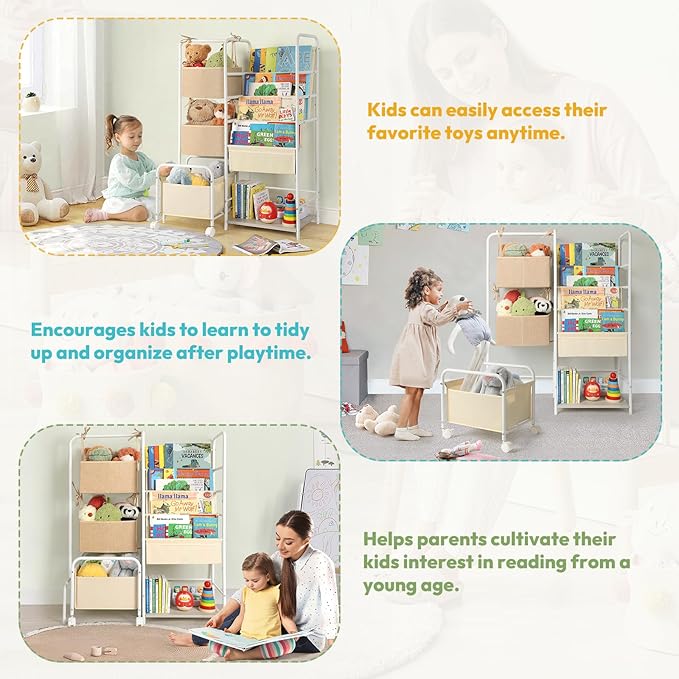 Kids Bookshelf and Toy Storage, Montessori Bookshelf, 4-Tier Baby Toddler Book Shelves, Bookshelf for Kids with Toy Storage Organizer, Book Shelf for Kids Rooms Nursery Playroom Classroom