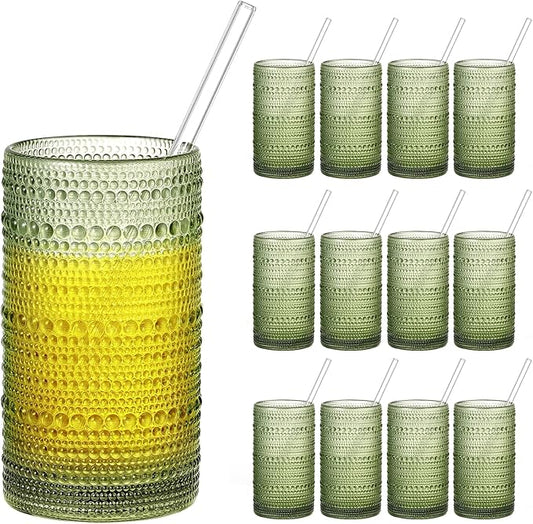 16oz Hobnail Drinking Glasses Set of 12, Vintage Large Capacity Embossed Green Tumblers, Highball Glasses for Water, Cocktail, Beer, Whiskey, Juice & Bar Use