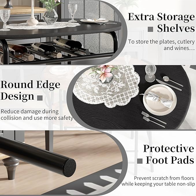 VECELO 3-Piece Dining Table Set for Kitchen Breakfast Nook, Wood Grain Oval Tabletop and Metal Frame with Built-in Wine Rack, for Small Spaces, Black