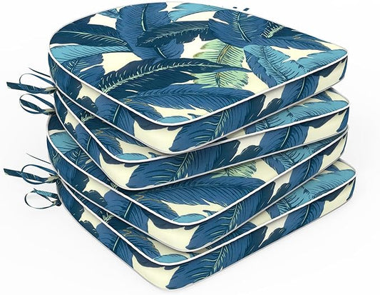 Set of 4 Outdoor Chair Cushions 19"x19"x2",Water Repellent Patio Seat Cushion with Ties and Removable Covers,Dining Chair Cushions for Indoor Kitchen and Patio Furniture,Swaying Palms Blue
