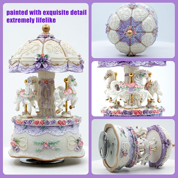 Carousel Music Box，Luxury Color Change LED Light Music Box,Luminous Rotating 3-Horse Musical Box with Gift Box for Girls Birthday Valentine Gift (Castle in The Sky, Purple)