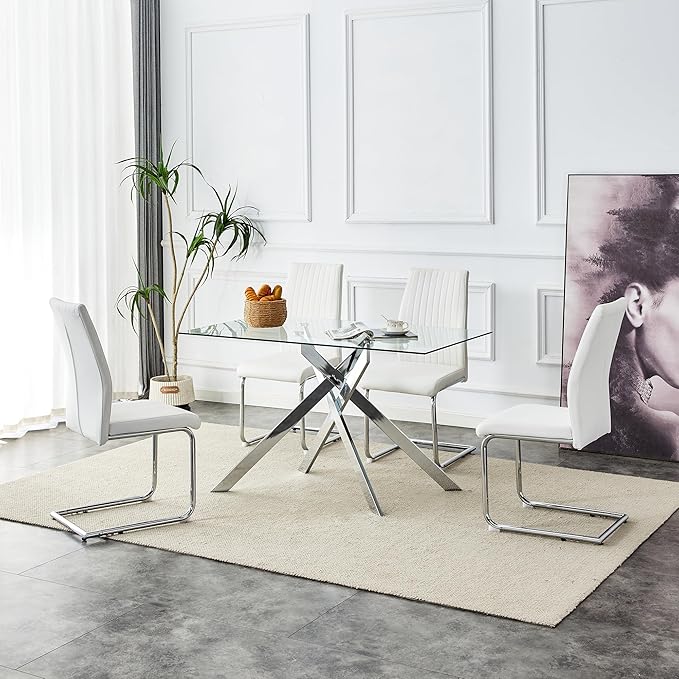 Rectangular Glass Dining Table, Tempered Glass Tabletop and Metal Legs, Modern Style Glass Kitchen Table for Home, Kitchen, Dining Room (Silver, 52'')