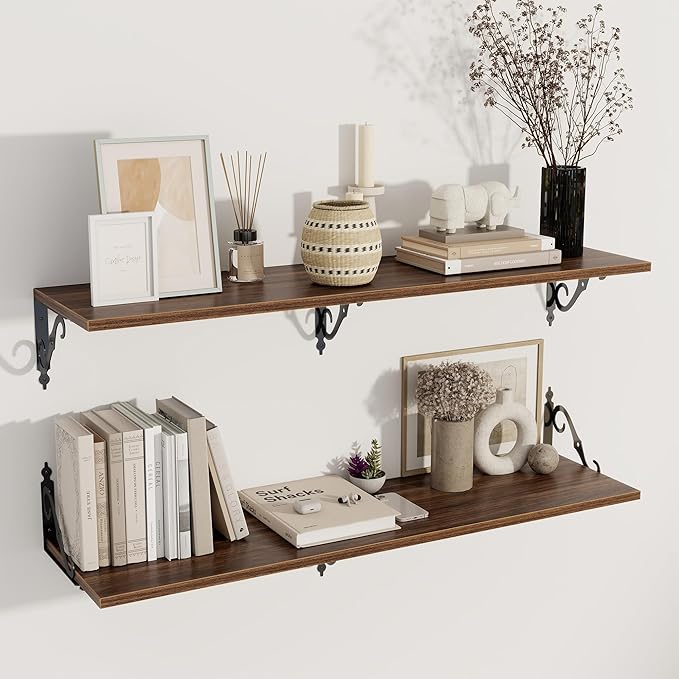 Deep Floating Shelves, 48" W x 12" D Wall Shelves Set of 2, Wide Display Shelf Wall Mounted with Brackets, Bookshelf for Living Room, Bathroom, Bedroom, Walnut
