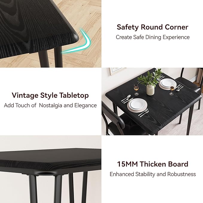 GarveeHome Dining Table Set for 2, Kitchen Table with Upholstered Chairs for Kitchen Room and Small Spaces (Black, Table with 2 Chairs)