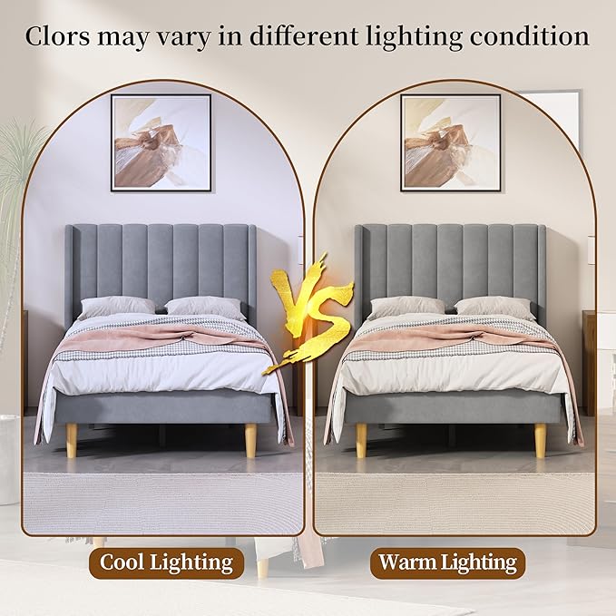 Twin Size Upholstered Platform Bed Frame with Modern Wingback & Vertical Panel Headboard, Velvet Fabric, Wooden Legs & Slats Support, No Box Spring Needed, Noise-Free & Easy Assembly, Grey