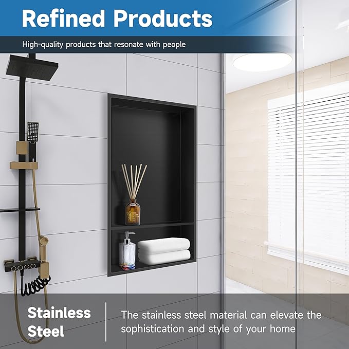 12" X 25" Stainless Steel Shower Niche Insert Tile Ready, Niche for Shower Wall, 2-Tier Recessed Shelves No Tile Needed for Bathroom Storage, Matte Black