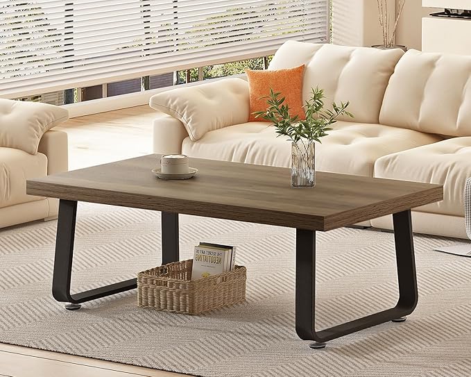 HSH 47" Rustic Industrial Coffee Table - Farmhouse Modern Minimalist Center Table with Wood & Metal Legs,Cocktail Table for Living Room, Bedroom, Home Office, Rustic Oak