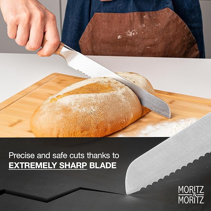 Moritz & Moritz 8-Inch Serrated Bread Knife – Professional Kitchen Bread Knife for Homemade Bread, Baguettes, Pastries & Cakes – Sharp German Stainless Steel Blade with Ergonomic Acacia Wood Handle