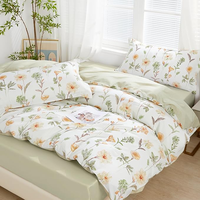 SAPHREAS Floral Duvet Cover Set Queen Size 3pcs Yellow Flower Green Leaf Botanical White Bedding Comforter Cover Set 100% Cotton 1 Duvet Cover 90"x90" 2 Pillow Shams, Comforter Not Included