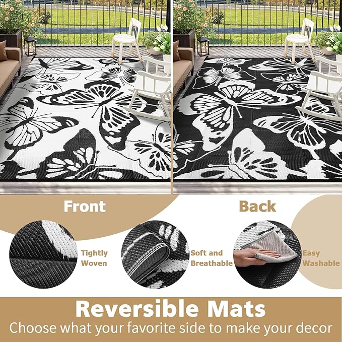 Beeiva Butterfly Outdoor Patio Rug 9x12, Waterproof Reversible Plastic Straw Rug, Outside Mats for Camping, Deck, Balcony, Backyard - Black & White