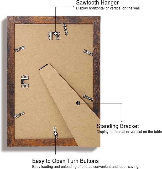 8x12 Picture Frame Set of 4 with High Definition Real Glass, Display 6x8 Pictures with Mat or 8 x 12 Without Mat, Rustic Photo Frames for Tabletop and Wall Mounting
