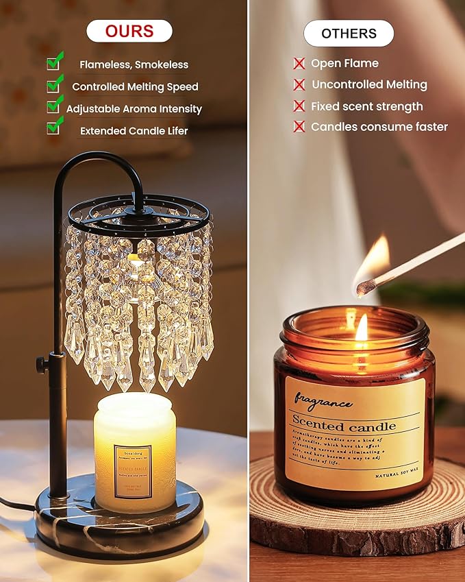 Lamp Candle Warmer with Marble Base for Adjustable Height, Dimmer and 3 Bulbs, Crystal Candle Warmer Lamp with Timer for Jar Candles, House Warming Decor Gifts, Black