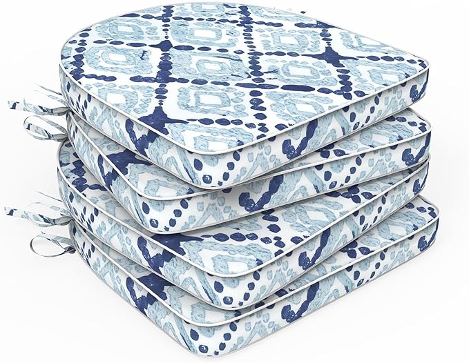 Set of 4 Outdoor Chair Cushions 19"x19"x2",Water Repellent Patio Seat Cushion with Ties and Removable Covers,Dining Chair Cushions for Indoor Kitchen and Patio Furniture,Boho Geometry Blue