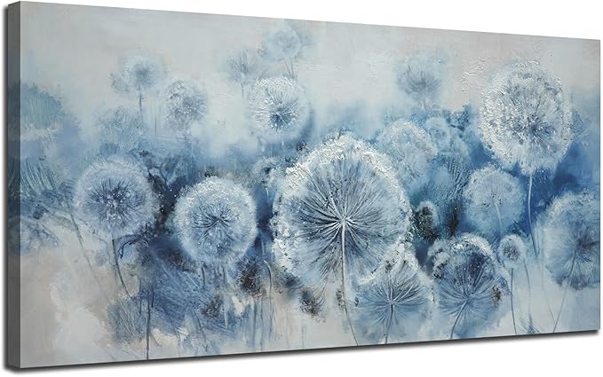 Arjun Flower Wall Art Indigo Blue Dandelion Floral Canvas Painting Watercolor White Textured Modern Artwork Large Framed for Living Room Bedroom Dinning Room Bathroom Home Office Wall Decor, 48"x24"
