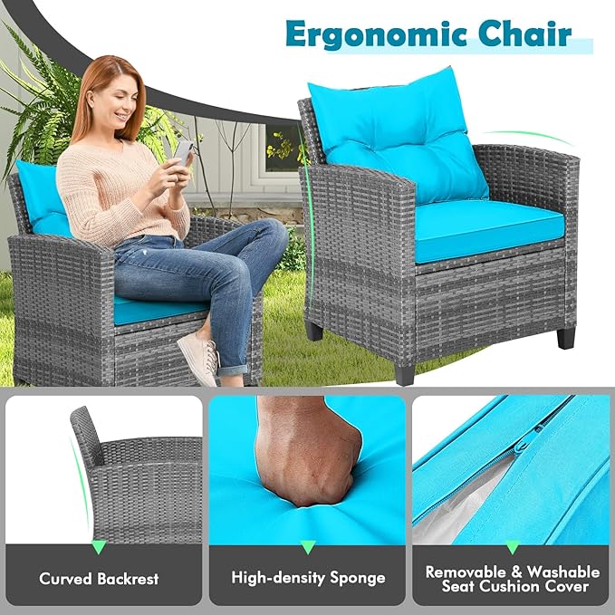 Tangkula 3 Pieces Patio Furniture Set, Outdoor PE Rattan Conversation Chair Set with Tempered Glass Side Table and Removable Cushions, PE Wicker Chairs and Table Set for Porch, Balcony and Garden