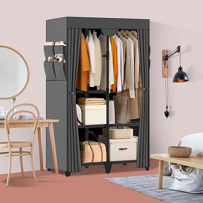 Wardrobe Closet, Quick and Easy Assembly, Gray Portable Closet with 2 Hanging Rods 4 Storage Shelves and Side 8 Pockets, Sturdy and Stable Clothes Rack with Cover, for Bedroom and Dormitory