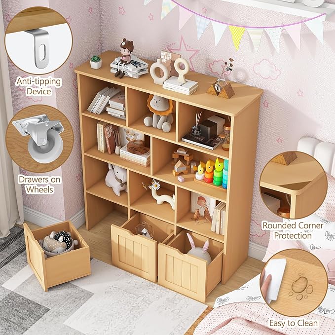 Toy Storage Organizer with Bookshelf, Large Toy Organizers and 3 Movable Drawers with Hidden Wheels and 8 Storage Cubbies, Kids Bookshelf and Toy Chest, Playroom Furniture, Oak