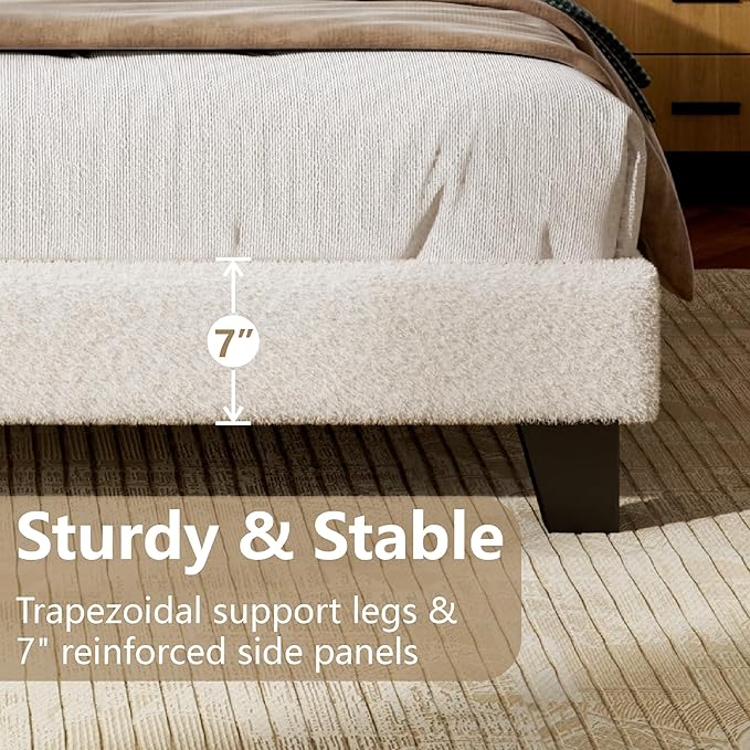 Queen Bed Frame with Adjustable Headboard, Boucle Cloud Platform Bed with Wood Slats, Mattress Foundation, No Box Spring Needed, Easy Assembly, Beige