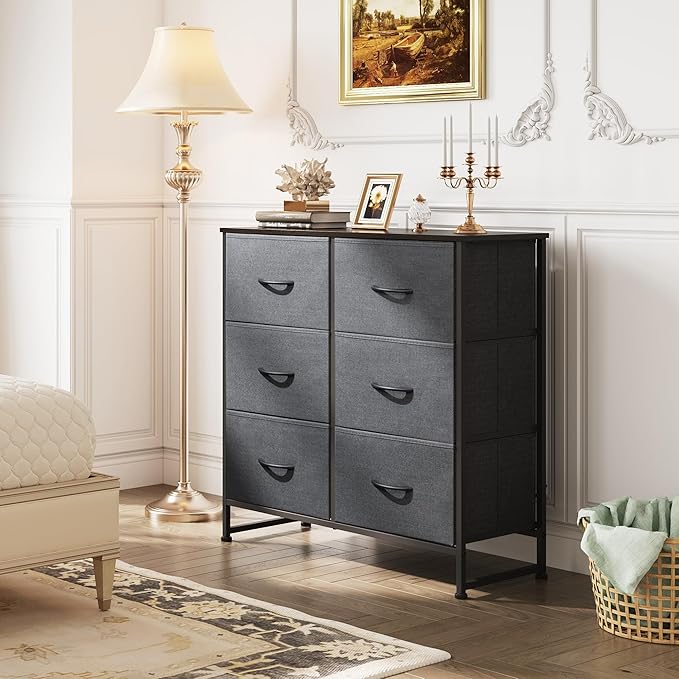 WLIVE Fabric Dresser for Bedroom, 6 Drawer Double Dresser, Storage Tower with Fabric Bins, Chest of Drawers for Closet, Living Room, Hallway, Dark Grey