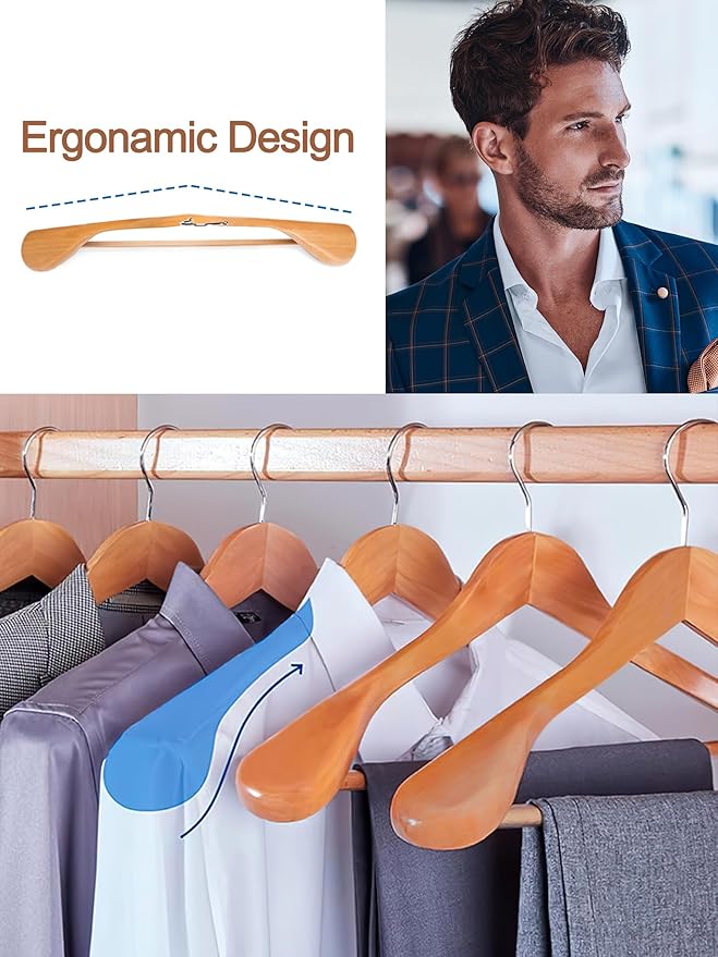 HOUSE DAY Wood Suit Hangers for Men, Smooth Wide Shoulder Wooden Hanger with Non Slip Pant Holder, Wide Hangers for Suits, Coats, Jackets, Heavy Wide Clothes Hanger 2 Pack, Natural