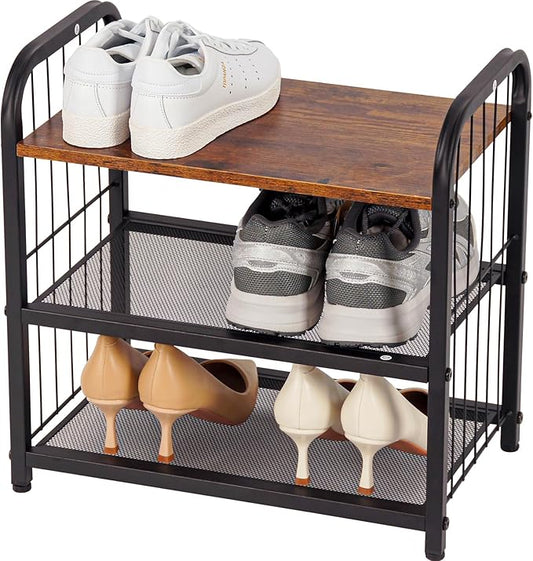 Shoe Rack, 3-Tier Shoe Organizer with Guardrails, Heavy-Duty Metal Mesh Shelves & Rustic Wooden Top for Stylish Closet & Front Door Storage