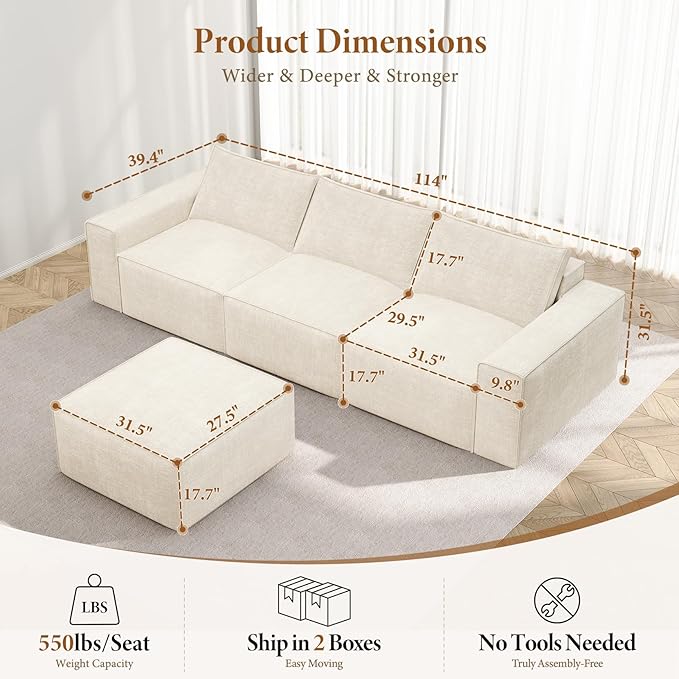 Vesgantti 114" Boneless Modular Sectional Sofa, Modern 3 Seater Couch with Ottoman & Deep Seat, Convertible Chenille L Shaped Cloud Couches for Living Room, No Assembly Required, Beige