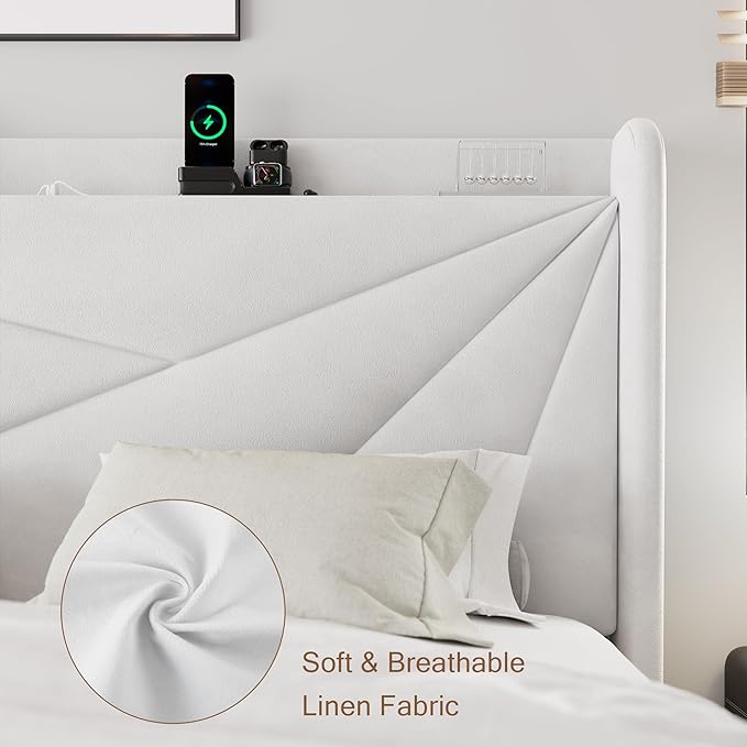 Full Size Upholstered Bed Frame with Charging Station, Platform Bed Frame with Storage Headboard, Solid Wood Slats Support, No Box Spring Needed, White