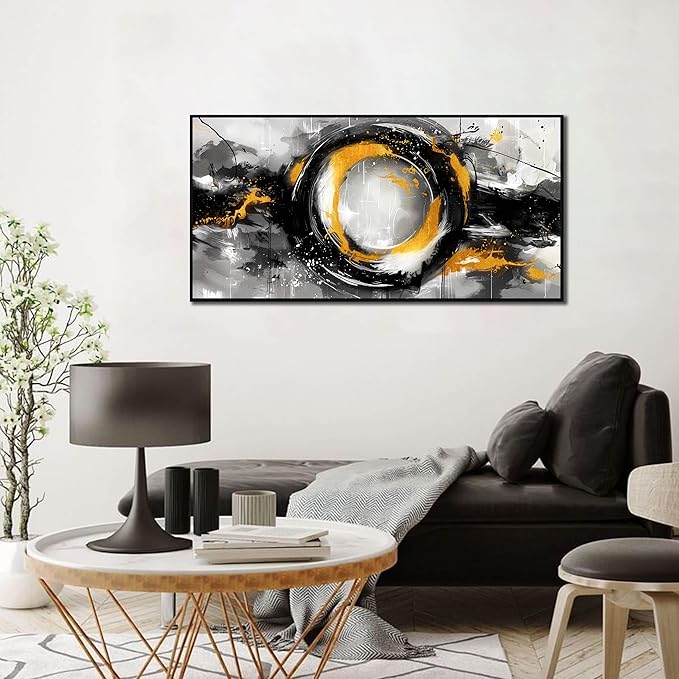SIXTTART Abstract Circle Wall Art for Living Room - Black White and Gold Modern Canvas Wall Art for Office - Modern Framed Wall Art for Bedroom Size 20" x 40"