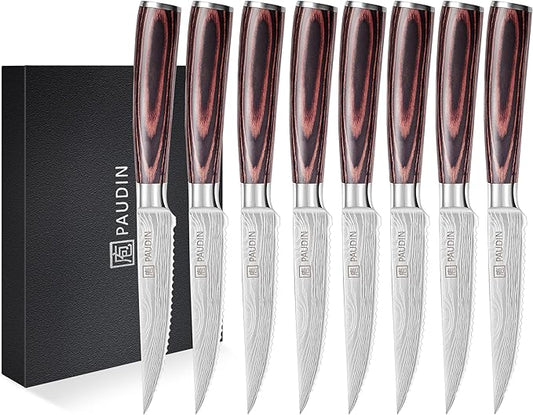 PAUDIN Steak Knives 4.5 Inch, Steak knives Set of 8, High Carbon Stainless Steel Steak Knife Set, Sharp Serrated Steak Knife with Pakkawood Handle, Kitchen Steak Knives with Gift Box