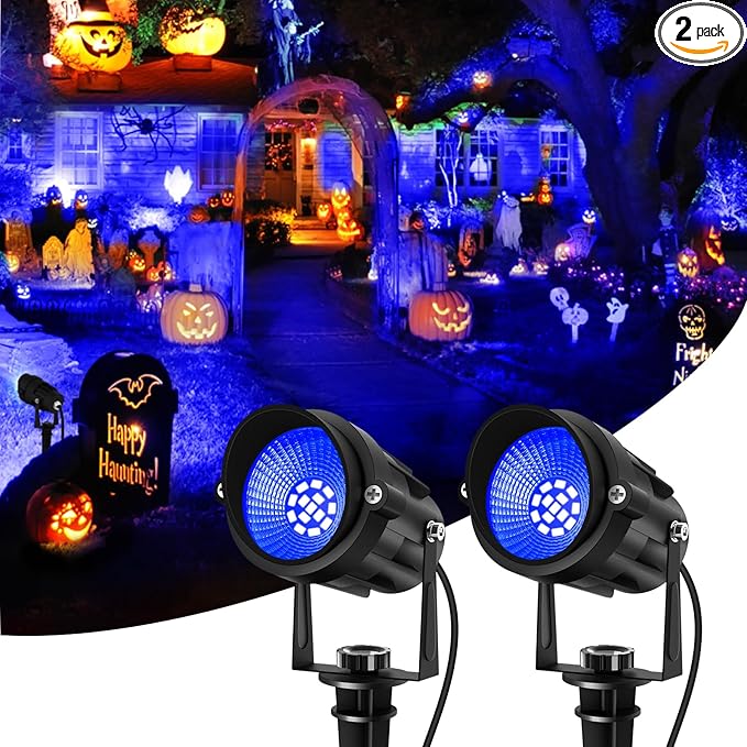 Blue Landscape Lights Outdoor, 14 LED Landscape Lighting with US Plug, IP65 Waterproof Spotlights for Tree Yard Garden Pathway Halloween Christmas Decor 2 Pack