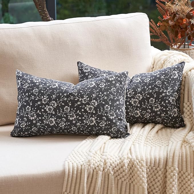 Alerfa Set of 2 Floral Lumbar Pillow Covers 12x20, Vintage Block Print Throw Pillow Covers Decorative Farmhouse Accent Couch Pillows for Living Room Bedroom, Black