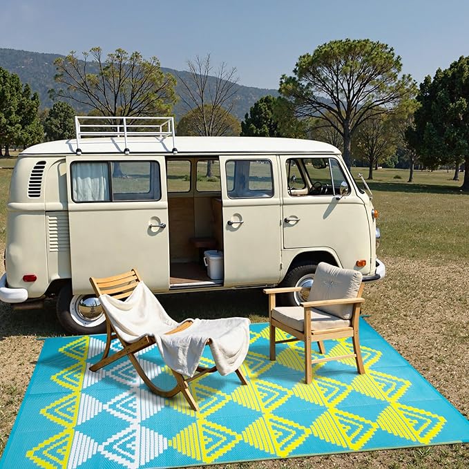 Beeiva Outdoor Rug Waterproof for Patio 6x9, Reversible Plastic Straw Mat for Camping, Modern Geometric Outside Rugs for Rv, Deck, Porch, Picnic, Beach, Balcony - Blue & Yellow