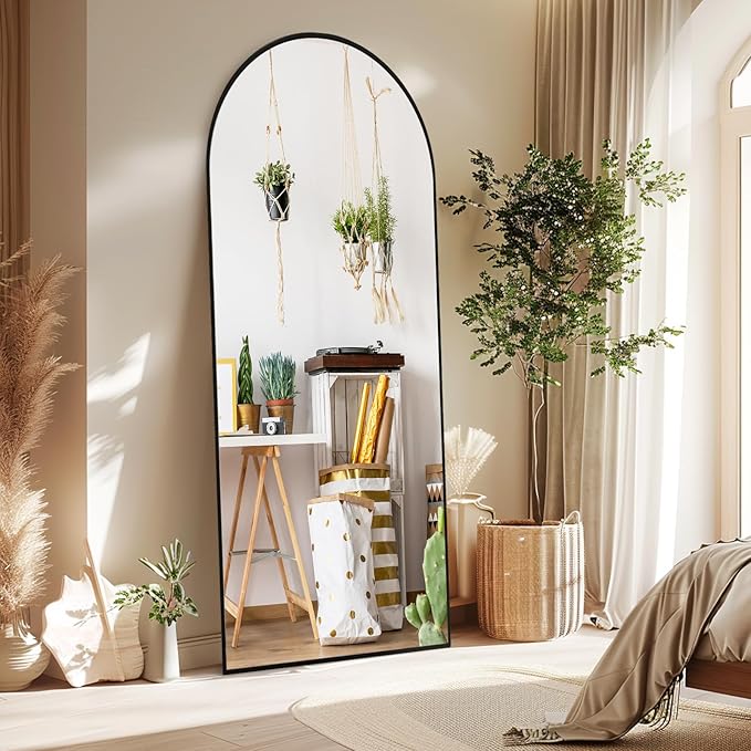 Arched Full Body Mirror, 55''x 18'' With Black Aluminum Alloy Frame, Floor Not Fragile Tempered Glass Leaning Against Wall for Living Room, Women Dressing Clothes