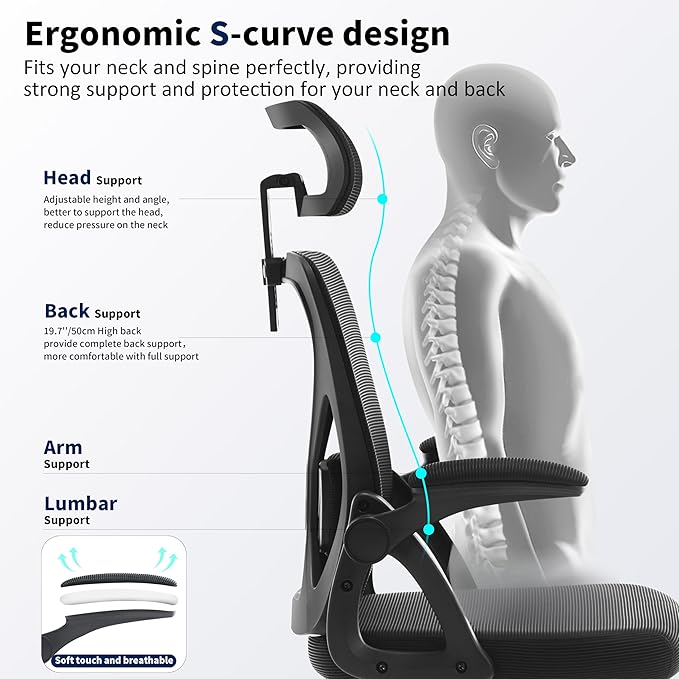 Office Chair,Ergonomic Desk Chair with Adjustable Lumbar Support,400 Lbs Mesh Computer Chair High Back with Adjustable Headrest for Home Office (Black)