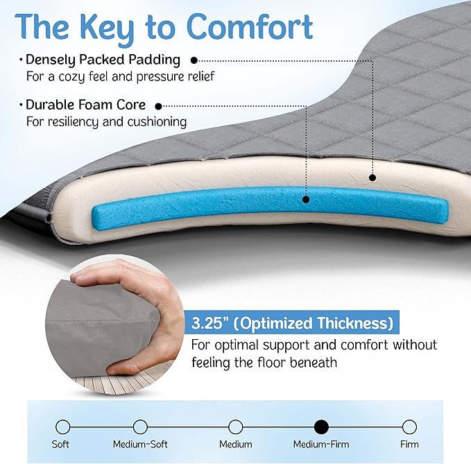 Japanese Futon Floor Mattress - Medium Firm Futon Mattress for Sleeping - Shikibuton - Foldable and Portable Japanese Bed (Grey, Queen)
