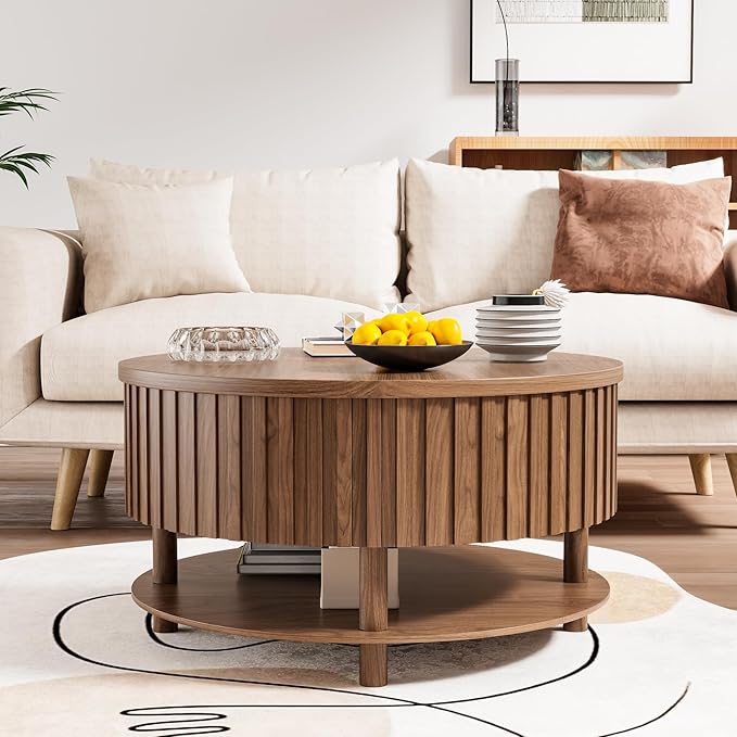 Round Lift Top Coffee Table with Storage, 31.5'' Modern 2-Tier Coffee Table with Hidden Storage Compartment and Open Shelf, Fluted Center Table for Living Room Home Office (Walnut)