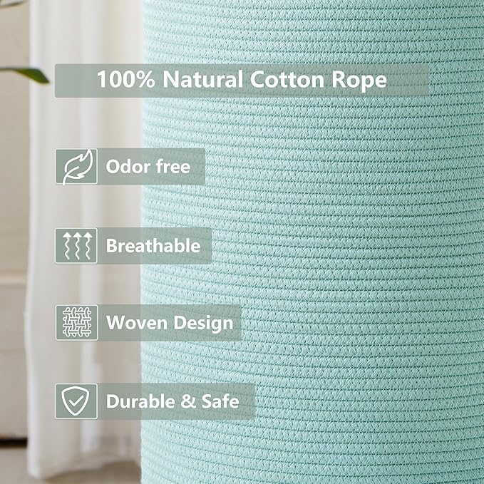 15Dx20H inches Tall Green Hamper Cotton Rope Laundry Basket Woven Hamper for Clothes Blanket Storage in Bedroom Livng Room for Baby Nursery Kids Toys Organize 60L Capacity