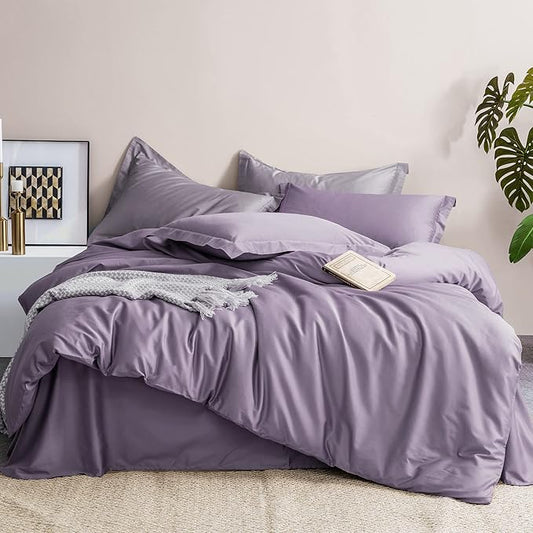 MILDLY 100% Long-Staple Cotton Duvet Cover Set Queen Size Purple Comforter Cover Sets Ultra Soft Bedding Set 3 PCS with Zipper Closure & Corner Tie (No Comforter)